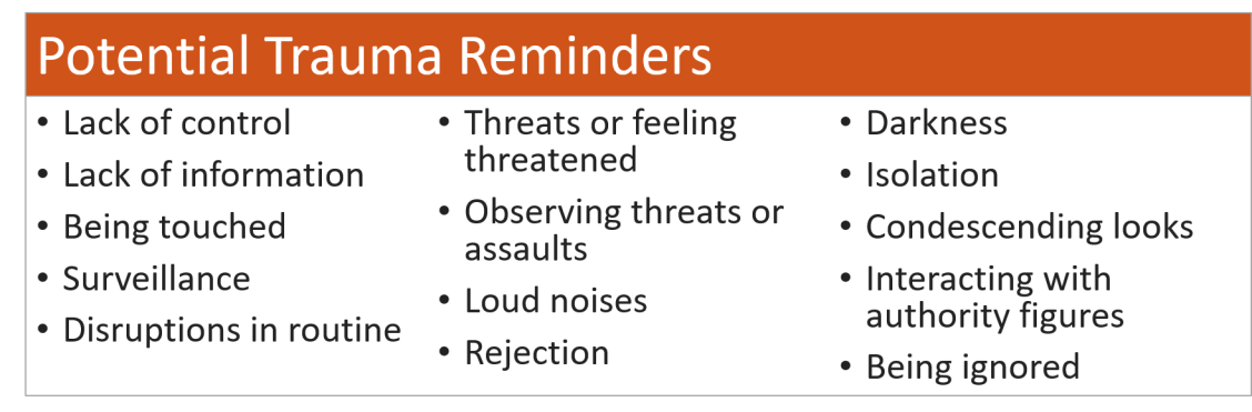 List that is repeated in webpage below of potential trauma reminders, formatted in 3 columns.