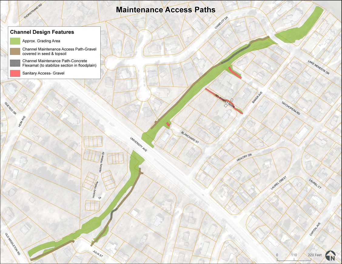 Maintenance Access Paths map shows the project area from Old Middleton Road to Lake Mendota. A channel maintenance access path extends from Camelot Dr to Old Middleton Rd. There is a section near Taychopera Rd and near Julia St that are concrete flexamat. The rest of the path will be covered in seed and topsoil. There are 2 short gravel sanitary access paths extending from Blanchard St and Taychopera Road to the greenway. Between those streets there is a small sanitary access gravel path extending down a “no street name” street from Baker Ave to the greenway