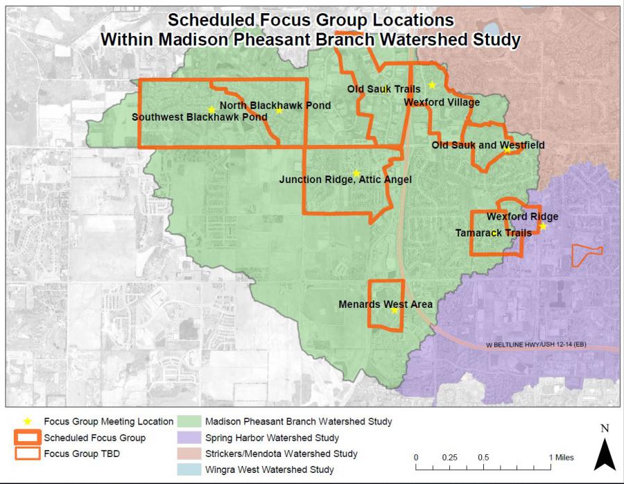 This photo shows a map with locations of focus groups in Madison Pheasant Branch Watershed.