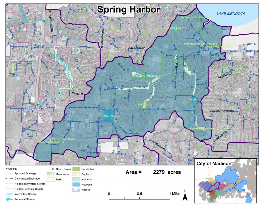 Spring Harbor Watershed Map. Watershed extends from southwest of West Towne Mall, northeast to Spring Harbor.