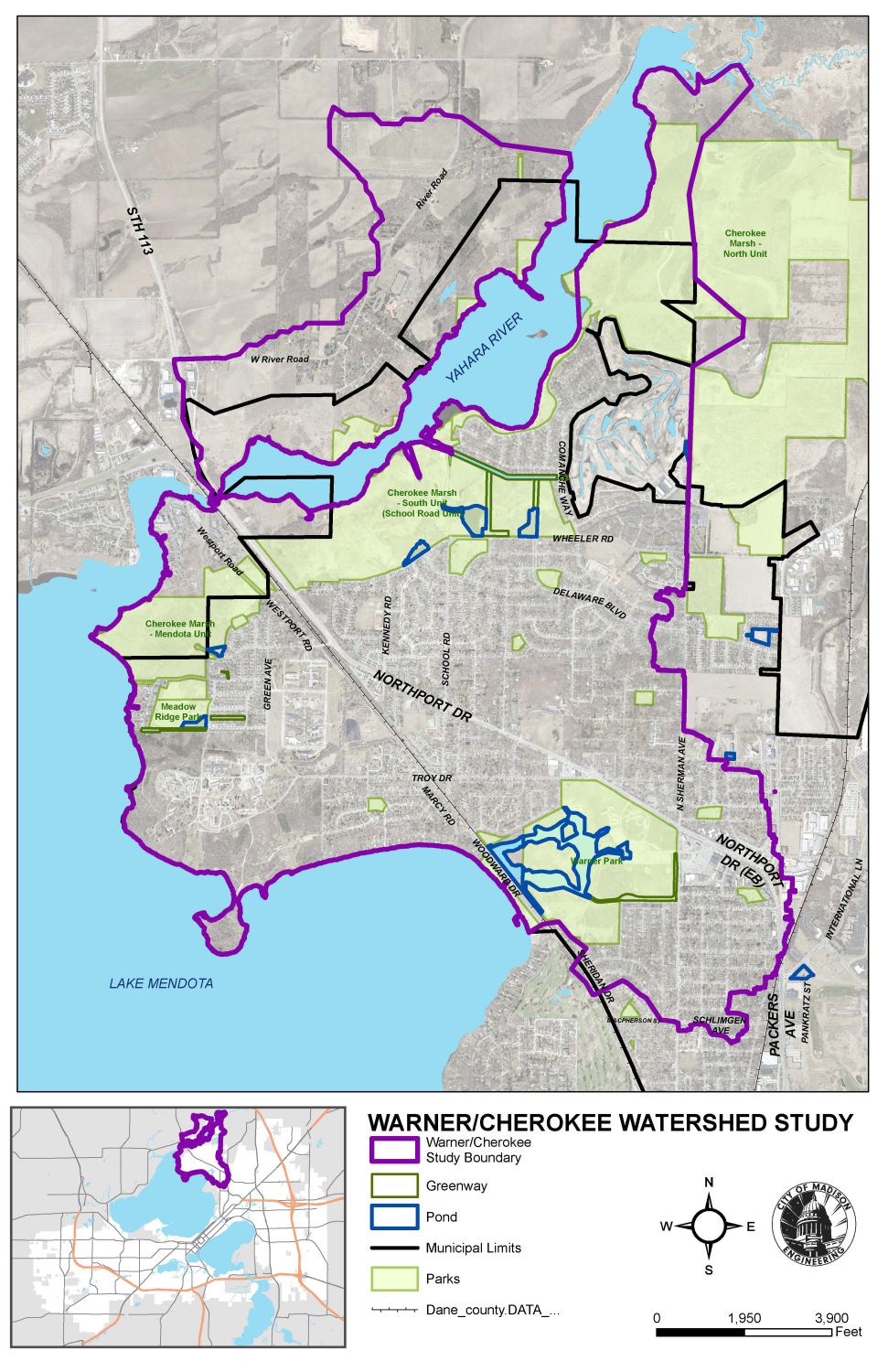 Warner Cherokee Watershed Study outlined in purple. The approximate extents are from Schlimgen Ave north along Sherman until the Cherokee Marsh with just west of the Yahara River being the western border of the study.