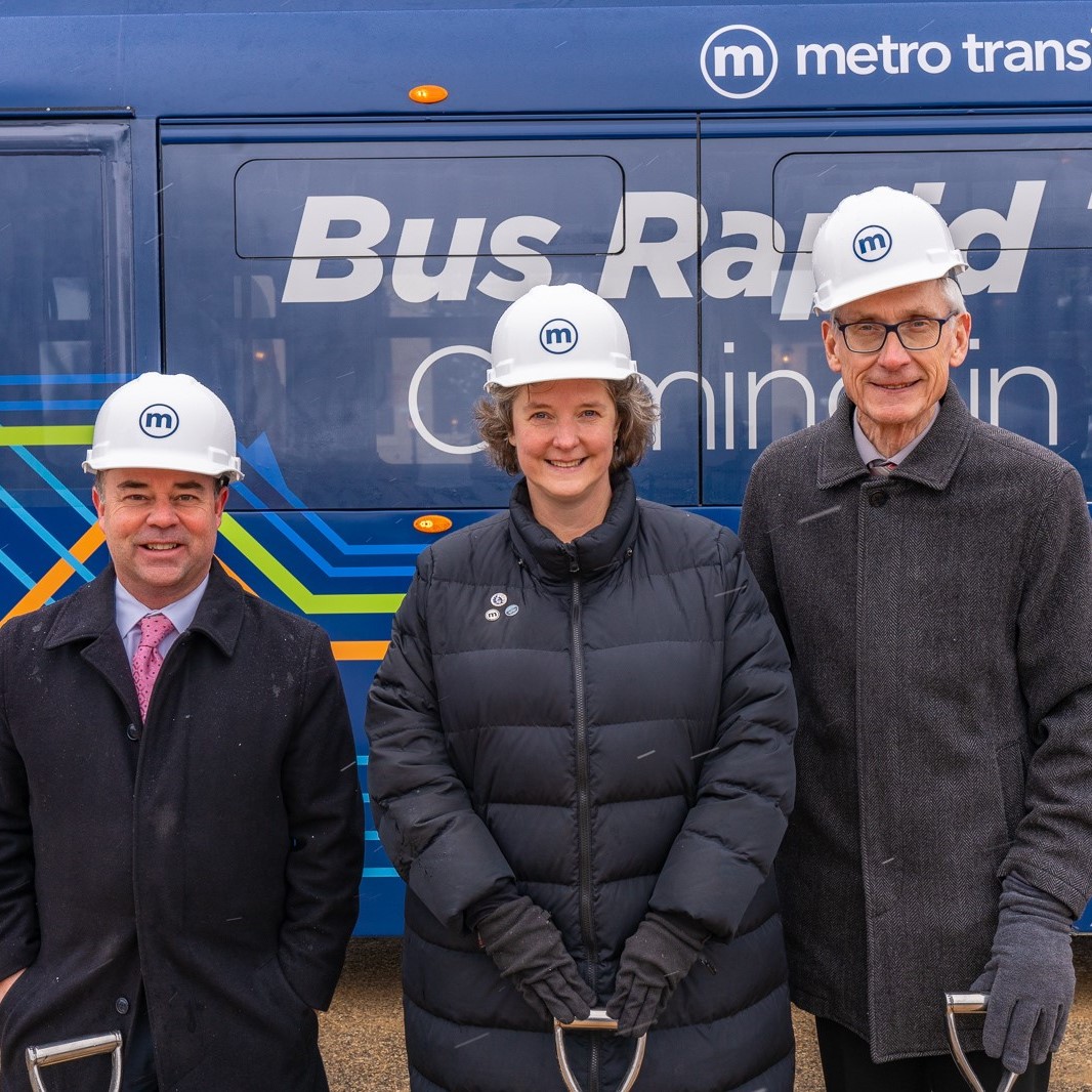 Mayor Rhodes-Conway with Governor Evers and Transportation Secretary Craig Thompson at BRT groundbreaking event