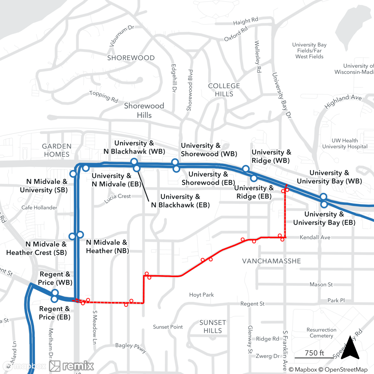 Route e detour from bluff to university ave 