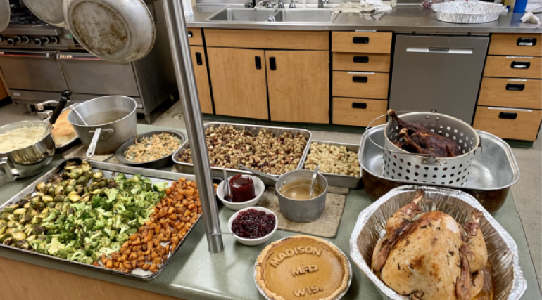 Thanksgiving meal spread in Fire Station 7's kitchen