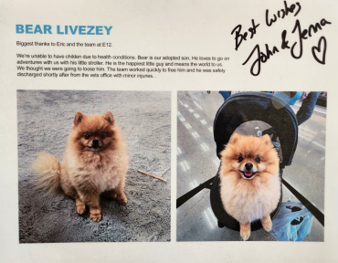 Thank-you note from owners John and Jenna with two pictures of Bear the pomeranian