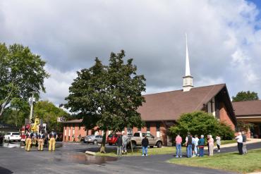 Crowd outside St. Paul Lutheran Church