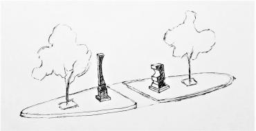 A line drawing sketch in black and white of two abstract sculpture in the shape of arcs flanking a sidewalk. Two trees are also on the median.