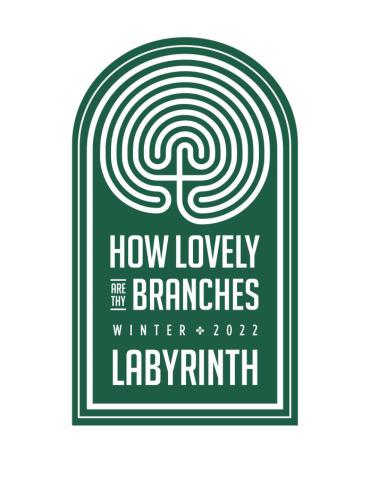 How Lovely are they Branches Winter 2022 Labyrinth logo in green with white lettering and a copy of the classic labyrinth pattern being used for this project.