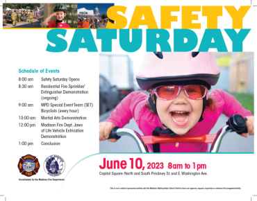 Safety Saturday event poster with schedule of events and child riding a bicycle while wearing a helmet