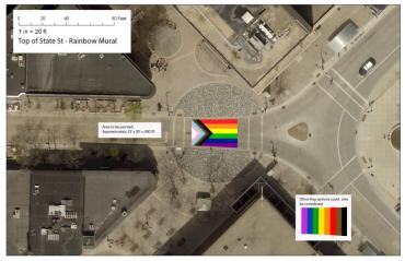 Mockup of Rainbow Crossing at Top of State Street that shows where  the LGBTQ Intersectional Pride Flag will  be located on  an aerial view of the area where State Street meets the Capitol Square 