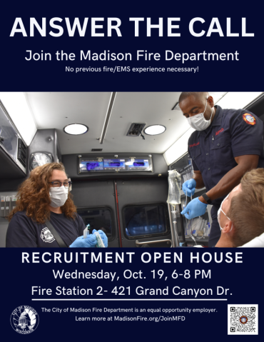 Recruitment open house flyer depicting two paramedics treating a patient in the back of an ambulance