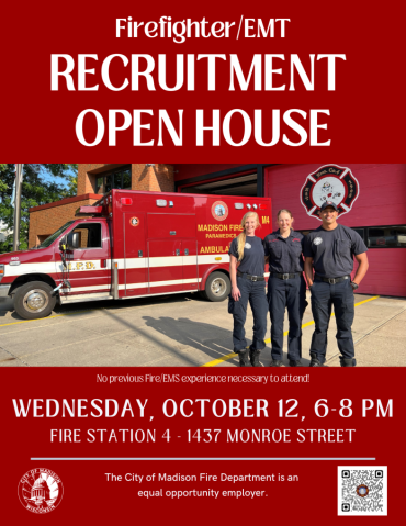 Recruitment open house flyer with picture of firefighters in front of the fire station