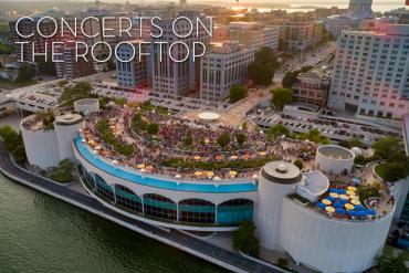 An aerial view of Monona Terrace during a summer concert