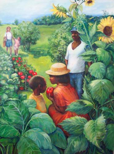 Collard Greens, Tomatoes and Sunflowers by Linda Mathis-Rose