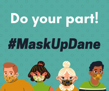 This is an illustrated graphic. It says "Do your part! #MaskUpDane" and has four characters wearing masks.