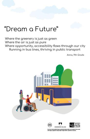 A poem in black san-serif font 4 lines is high above a digital drawing of a person with long hair and grey clothing pushing a person with short hair and a red shirt and khaki pants in a wheelchair towards a purple and yellow bus. In the background there is a grey building a two green trees.