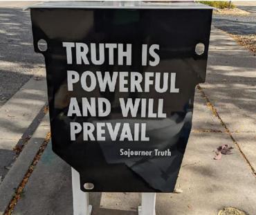 Ballot box art with quote from Sojourner Truth: "Truth is Powerful and Will Prevail"