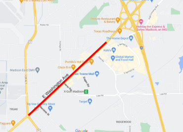 Imagen de un mapa que muestra una línea amarilla a lo largo del área de reducción de velocidad de E Washington Ave.