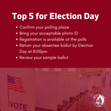Red square graphic with a semi-transparent image of a row of voting booths in the bottom half. Text over the image reads, "Top 5 for Election Day. Confirm your polling place. Bring your acceptable photo ID. Registration is available at the polls. Return your absentee ballot by Election Day at 8:00pm. Review your sample ballot."