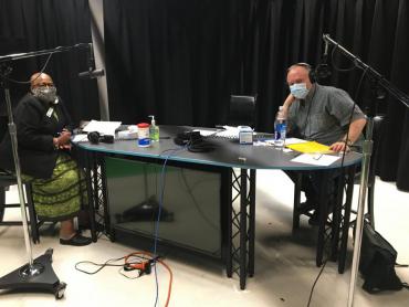 Ald. Harrington-McKinney and Thomas Lund recording a podcast episode.