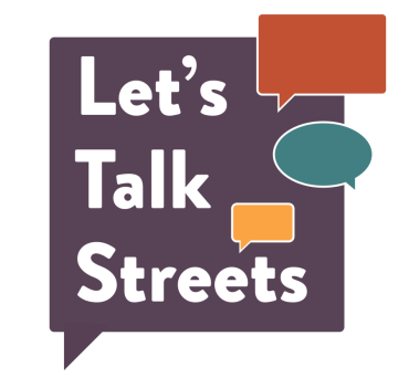 Duab ntawm "Let's Talk Streets" logo featuring ntshav, txiv kab ntxwv, daj thiab teal tham npuas.