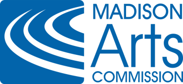 Madison Arts Commission in san serif font stands to the right of radiating semi-circles in white on a  blue ground.