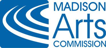 Madison Arts Commission in blue san-serif font to the right of a blue square with white semi circular spirals radiation from the upper right corner. 