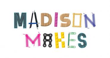 A logo of Madison Makes, the letters are spelled using various craft supplies, legos, gears.