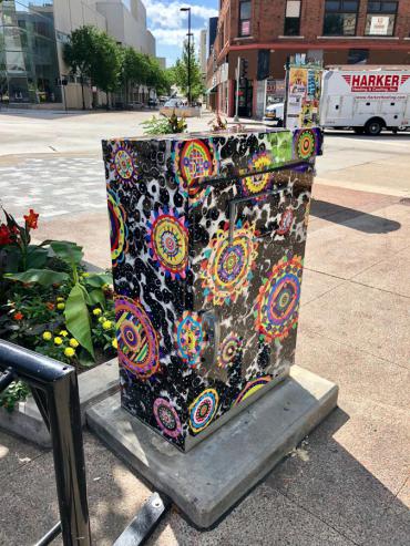 Image of utility box wrapped with artwork created by Michael Velliquette for the signal box at West Johnson and State Street