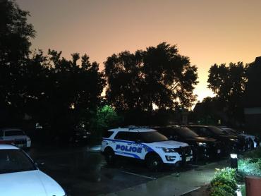 Squad cars with orange sky behind