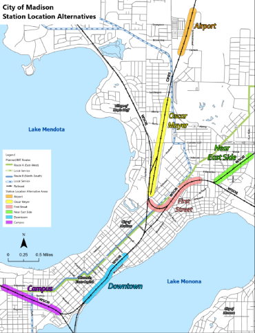 Map of Madison Isthmus showing potential Amtrak station locations.