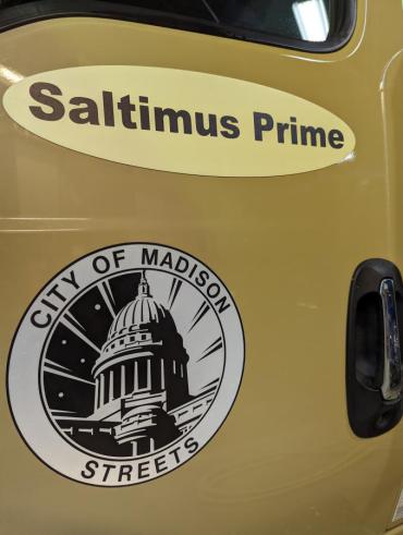 This is a photo of the Saltimus Prime name badge on the quad axle brine truck.