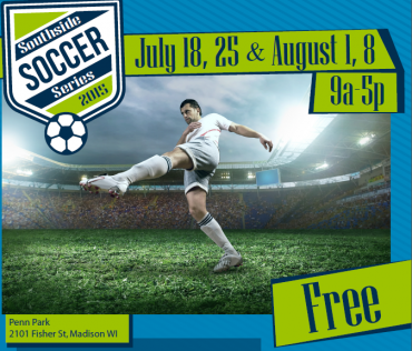 Poster for soccer at Penn Park, man kicking soccer ball