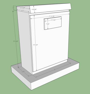 A rendering of a grey utility box on a green background, with dimensions for each edge of the utility box.