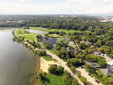 aerial image vilas park showing beach, shelter