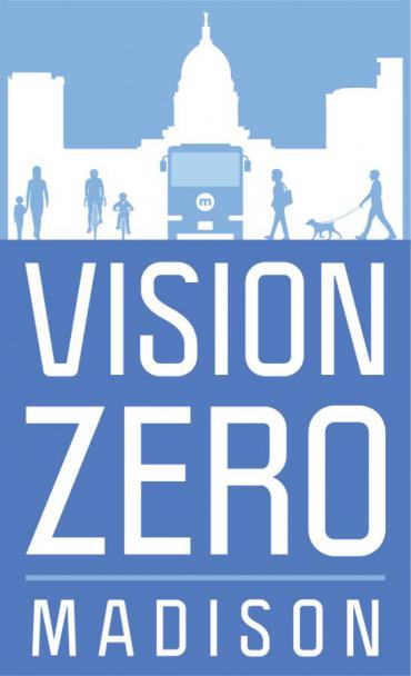 Image of Vision Zero Logo, Blue and white, showing figures and bus.