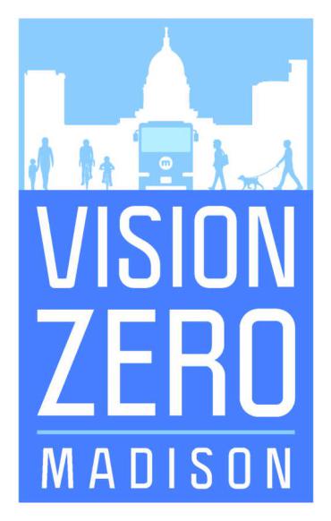 Vertical Vision Zero logo, in blue.  Top shows people walking, a bus and a backdrop of the City of Madison, below the words say "Vision Zero"