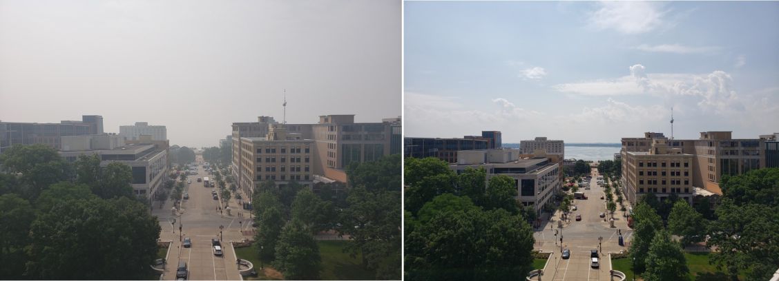 Aerial view of downtown Madison on a day with poor air quality (left) and good air quality (right)