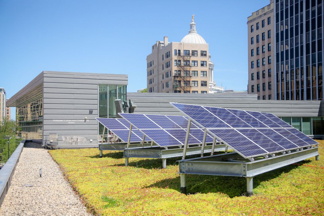 Photo showing solar panels and a green roof at Madison Central Library