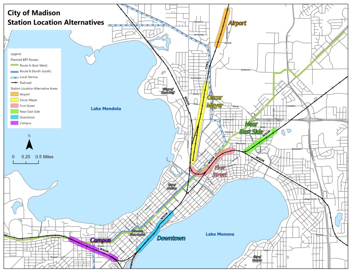 Map of Madison Downtown Isthmus showing potential station locations