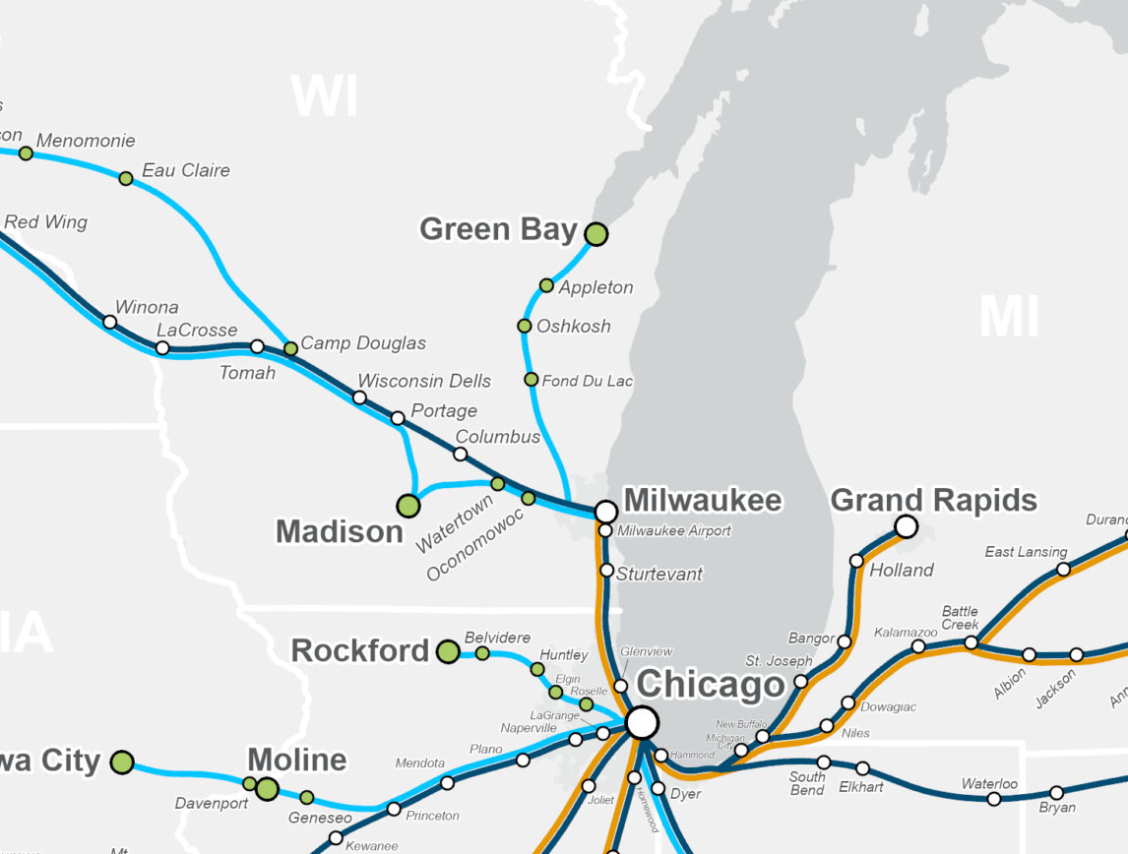 Map of southern Wisconsin, northern Illinois and SW Michigan, showing recommended routes