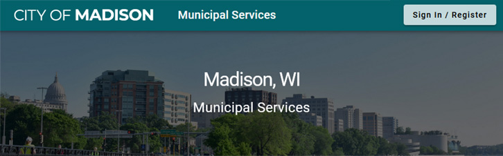 Municipal Services landing page showing Sign In/Register button in top right corner of the screen.