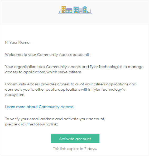 Example email with a large activate account button near the bottom. Note the activation link expires in 7 days.