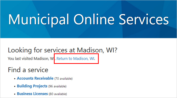 Account activation landing page showing a red box around the "Return to Madison, Wi." link.