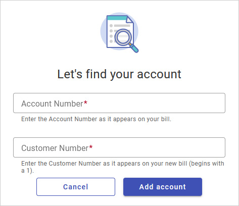 "Let's find your account" form with fields for Account Number and Customer Number.