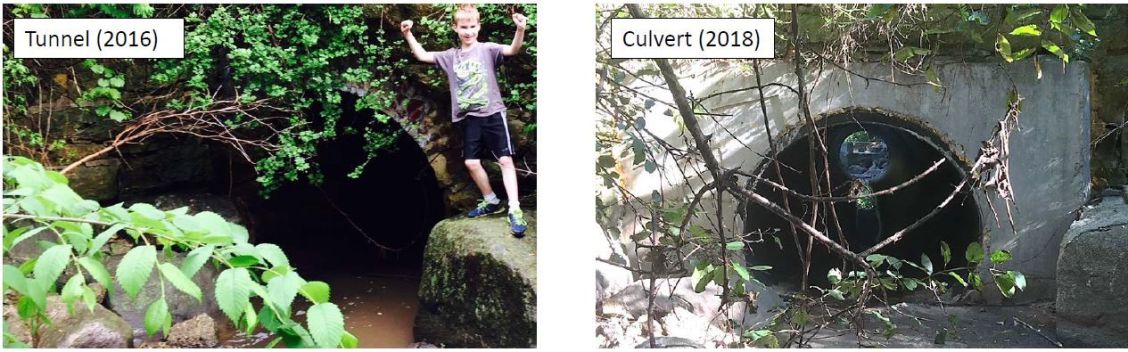 Before and after sliplining: This is a screen capture from information a resident in Waite Circle provided.  The photo on the left shows the size of the culvert (arch) before it failed in 2017.  The photo on the right shows the what it looks like after sliplining the culvert.