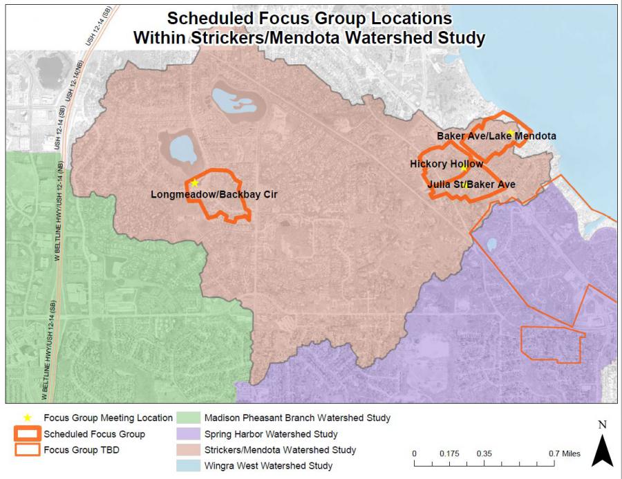 This photo shows a map of focus group meeting locations for the Strickers/Mendota Watershed.