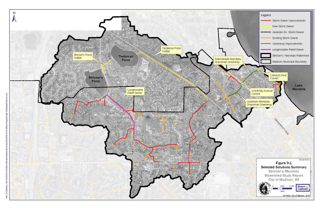 This map shows the proposed solutions for the Stricker's/Mendota Watershed.  The watershed is outlined in black.  The background is an aerial photograph.  The proposed storm sewer are red lines.  The larger solutions are shown with callout boxes.