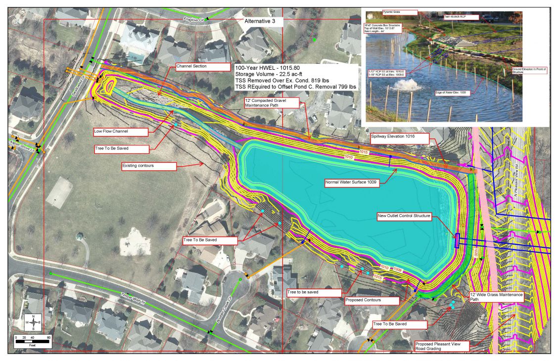 Figure showing the proposed grading and normal water surface for Swallowtail Pond.  Graphic also shows the paths to be placed around the pond and its proximity to Pleasant View Road.