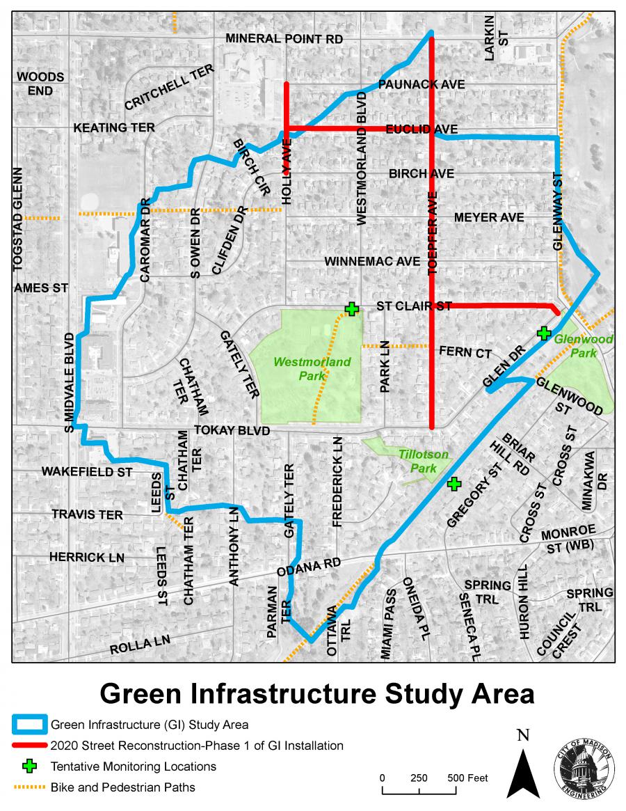 Map showing GI Pilot Area. The study is approximately bounded by the SW Bike Path, Mineral Point Rd, S Midvale Blvd, and Glenway St.